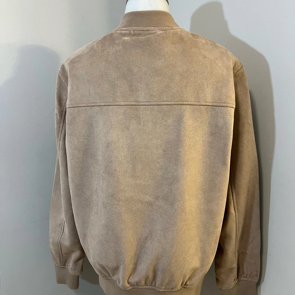 Tan Suede Bomber Jacket with Ribbed Details - Picture 6 of 13